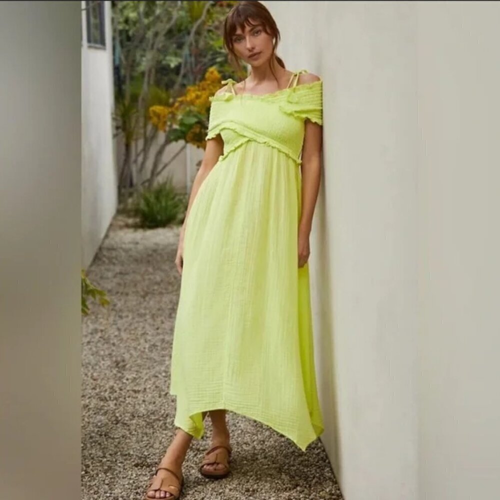 Anthropologie Neon Lime Off-Shoulder Maxi Dress